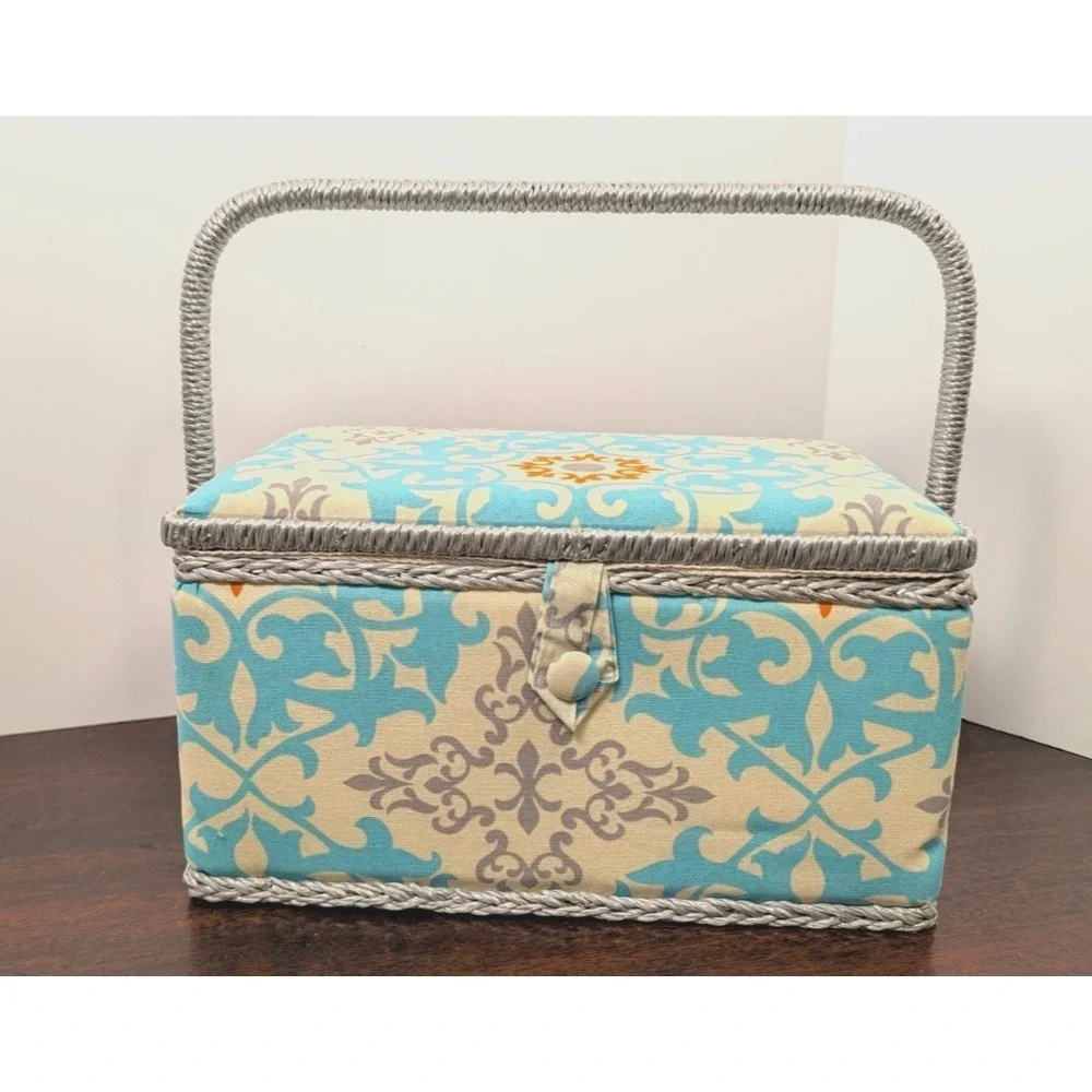 Fabric Sewing Basket Box Aqua Gray Damask Padded Lid Handle Craft Storage Notion